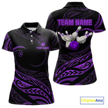 Load image into Gallery viewer, Black and Purple Tribal Pattern Bowling Polo, Quarter Zip shirts For Women Custom Team Bowling Jersey NQS10486