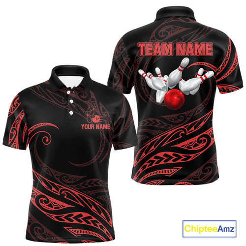Black and Red Tribal Pattern Bowling Polo, Quarter Zip shirts For Men Custom Team Bowling Jerseys NQS10485