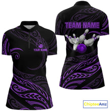 Load image into Gallery viewer, Black and Purple Tribal Pattern Bowling Polo, Quarter Zip shirts For Women Custom Team Bowling Jersey NQS10486