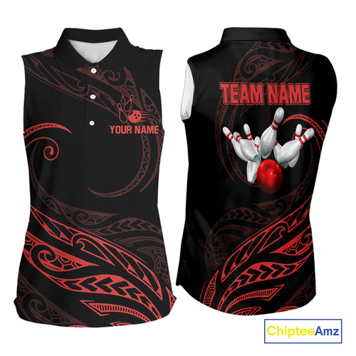 Black and Red Tribal Pattern Bowling Sleeveless Polo shirt Custom Team Bowling Jerseys NQS10485