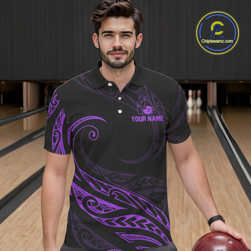 Black and Purple Tribal Pattern Bowling Polo, Quarter Zip shirts For Men Custom Team Bowling Jerseys NQS10486