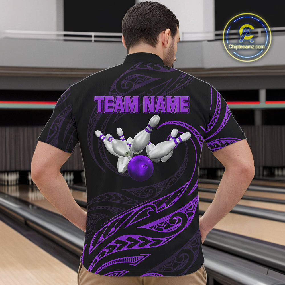 Black and Purple Tribal Pattern Bowling Polo, Quarter Zip shirts For Men Custom Team Bowling Jerseys NQS10486