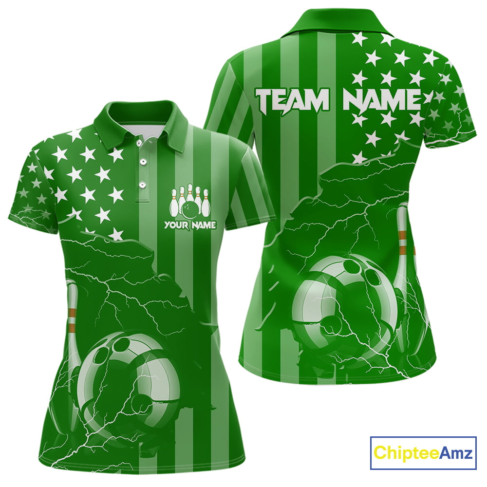 Personalized Green American flag Lightning thunder Custom Bowling Team Shirt For Women Bowling Jersey NQS10487