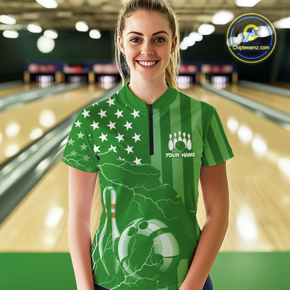 Personalized Green American flag Lightning thunder Custom Bowling Team Shirt For Women Bowling Jersey NQS10487