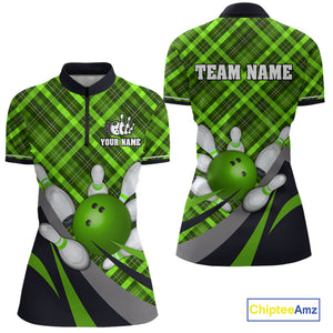 Green Plaid Christmas pattern Bowling shirt For Women Custom Team Bowling Jersey Xmas Gift For Bowler NQS10492