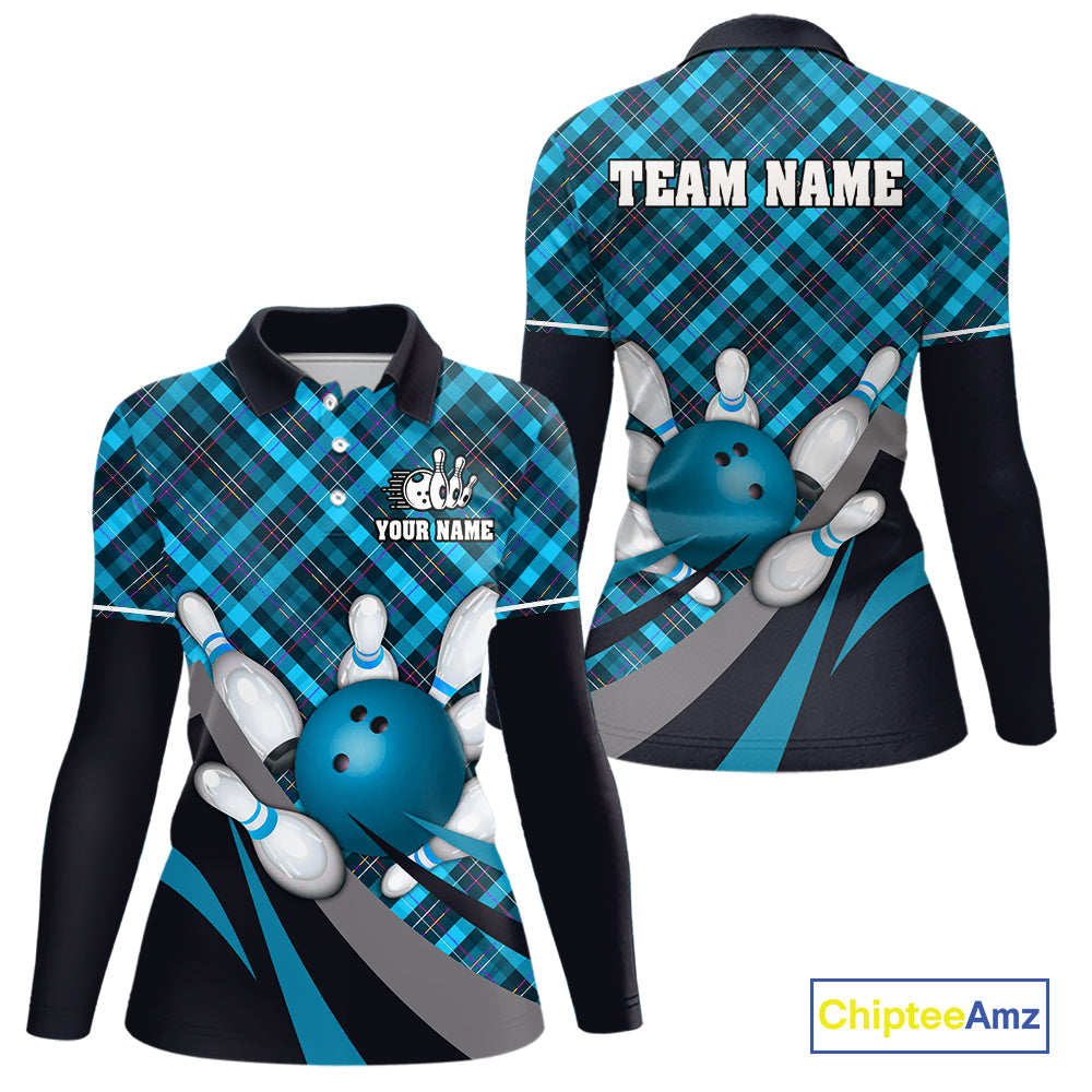Blue Plaid pattern Bowling shirts For Women Custom Team Bowling Jersey Xmas Gift For Bowlers NQS10493