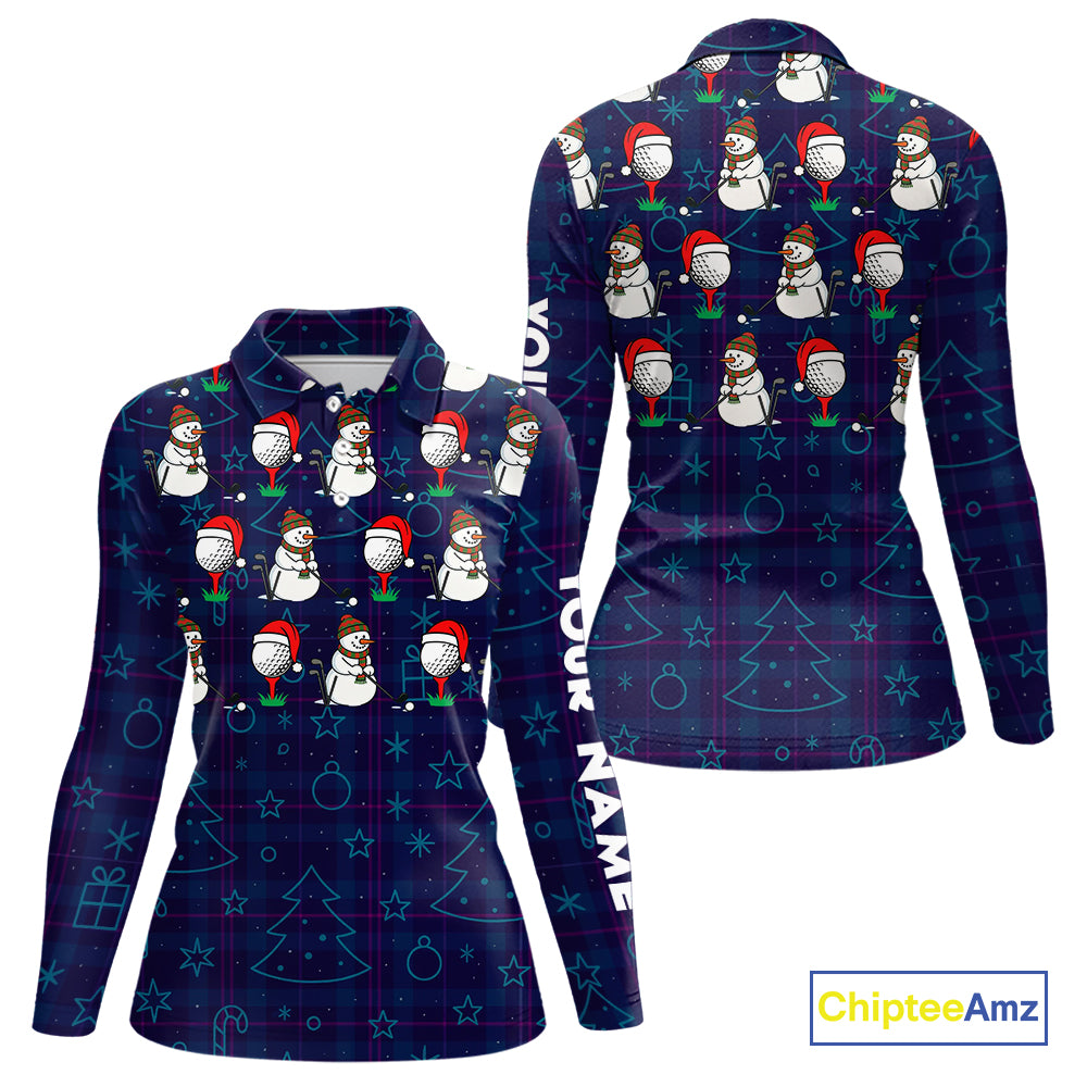 Blue Christmas Plaid pattern snowman Golf Polo Shirts For Women custom Christmas ladies golf attire NQS10902
