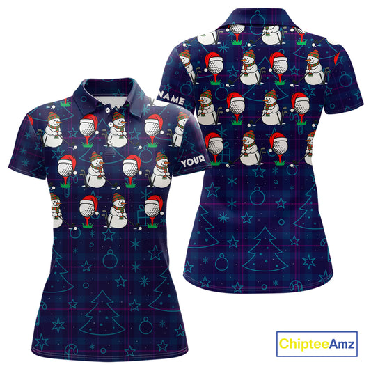 Blue Christmas Plaid pattern snowman Golf Polo Shirts For Women custom Christmas ladies golf attire NQS10902