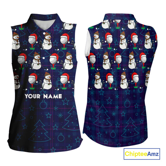 Blue Christmas Plaid pattern snowman Women Sleeveless Polo Shirt custom Christmas ladies golf attire NQS10902