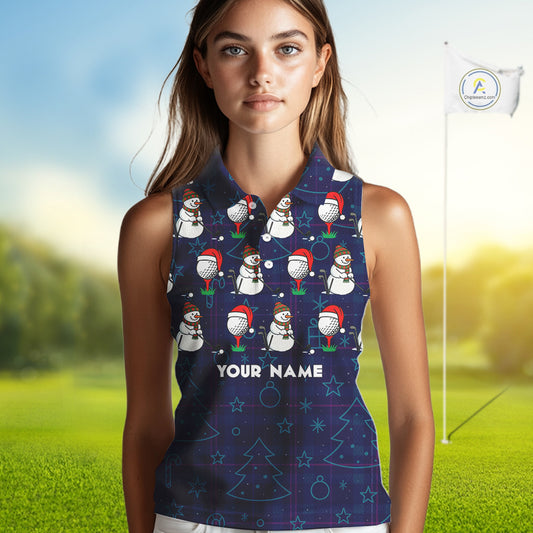 Blue Christmas Plaid pattern snowman Women Sleeveless Polo Shirt custom Christmas ladies golf attire NQS10902