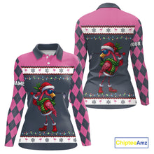 Load image into Gallery viewer, Pink argyle pattern Funny Christmas Flamingo Womens golf polo shirt custom golf attire for ladies NQS11088