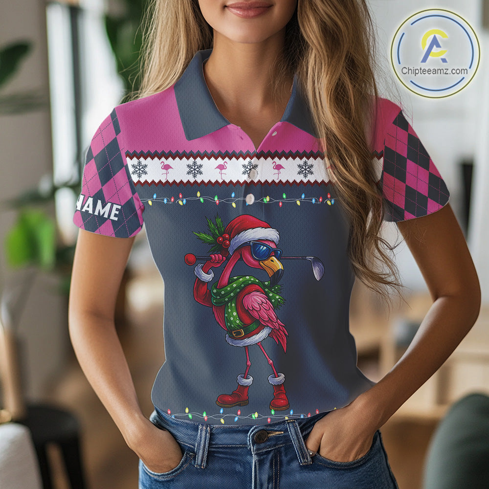 Pink argyle pattern Funny Christmas Flamingo Womens golf polo shirt custom golf attire for ladies NQS11088