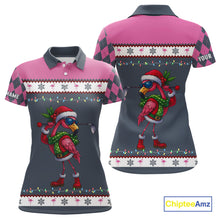 Load image into Gallery viewer, Pink argyle pattern Funny Christmas Flamingo Womens golf polo shirt custom golf attire for ladies NQS11088