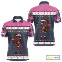 Load image into Gallery viewer, Pink argyle pattern Funny Christmas Flamingo Mens golf polo shirt custom golf attire for men NQS11088
