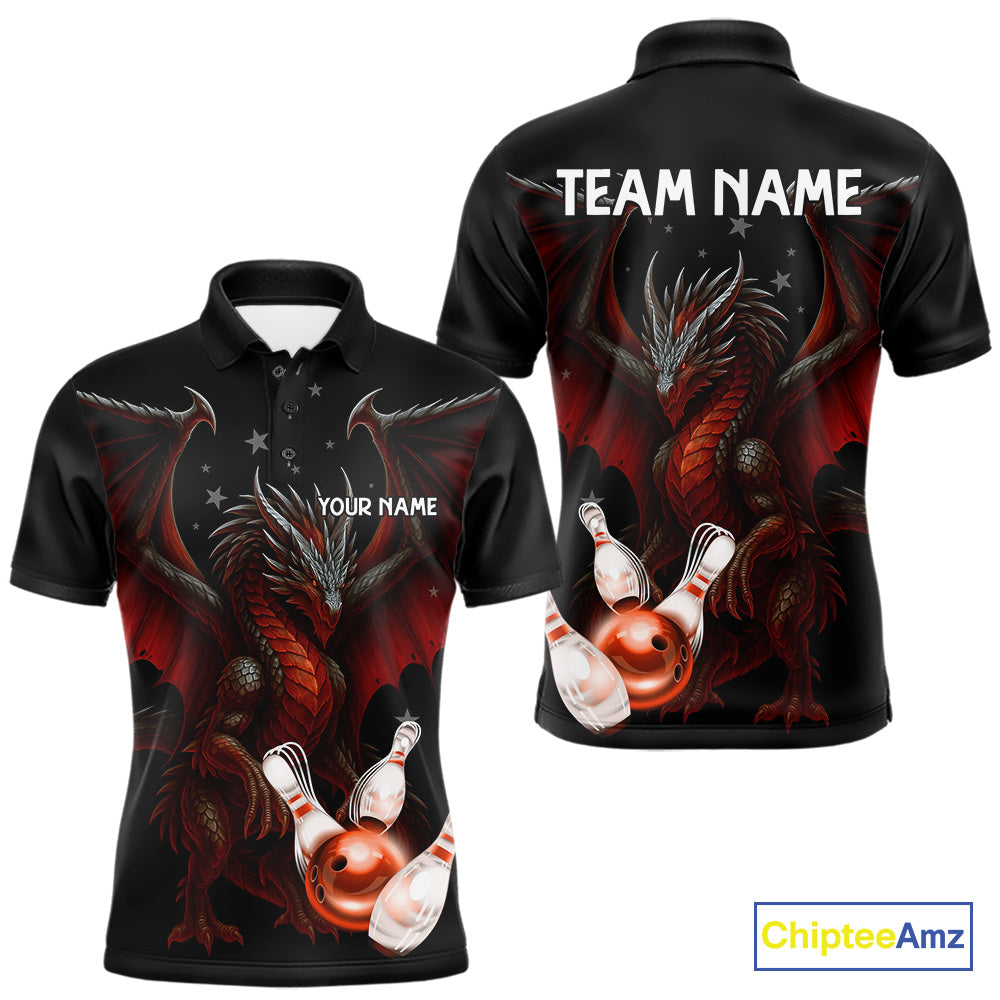 Custom Black And Red Dragon Bowling Shirts For Men, Team Bowling League Shirts NQS11090
