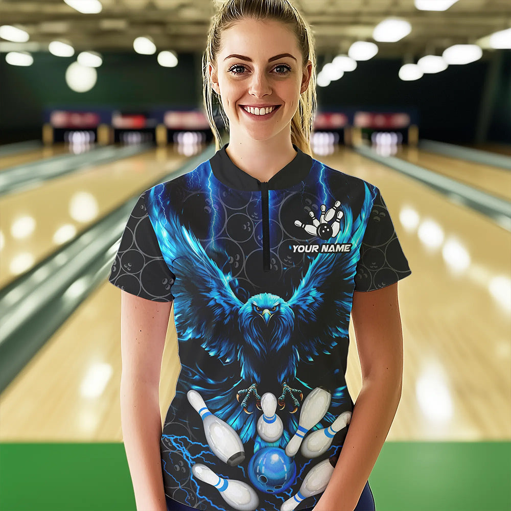 Custom Blue Lightning Thunder Eagle Women Bowling Shirts Black Bowling Camo Team Jersey Outfits NQS9578