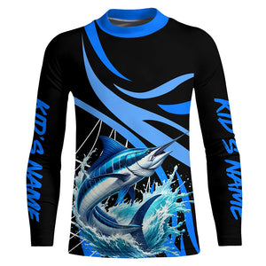 Personalized Blue Marlin Long Sleeve Fishing Shirts, Marlin Tournament Fishing Jerseys | Blue NQS7500