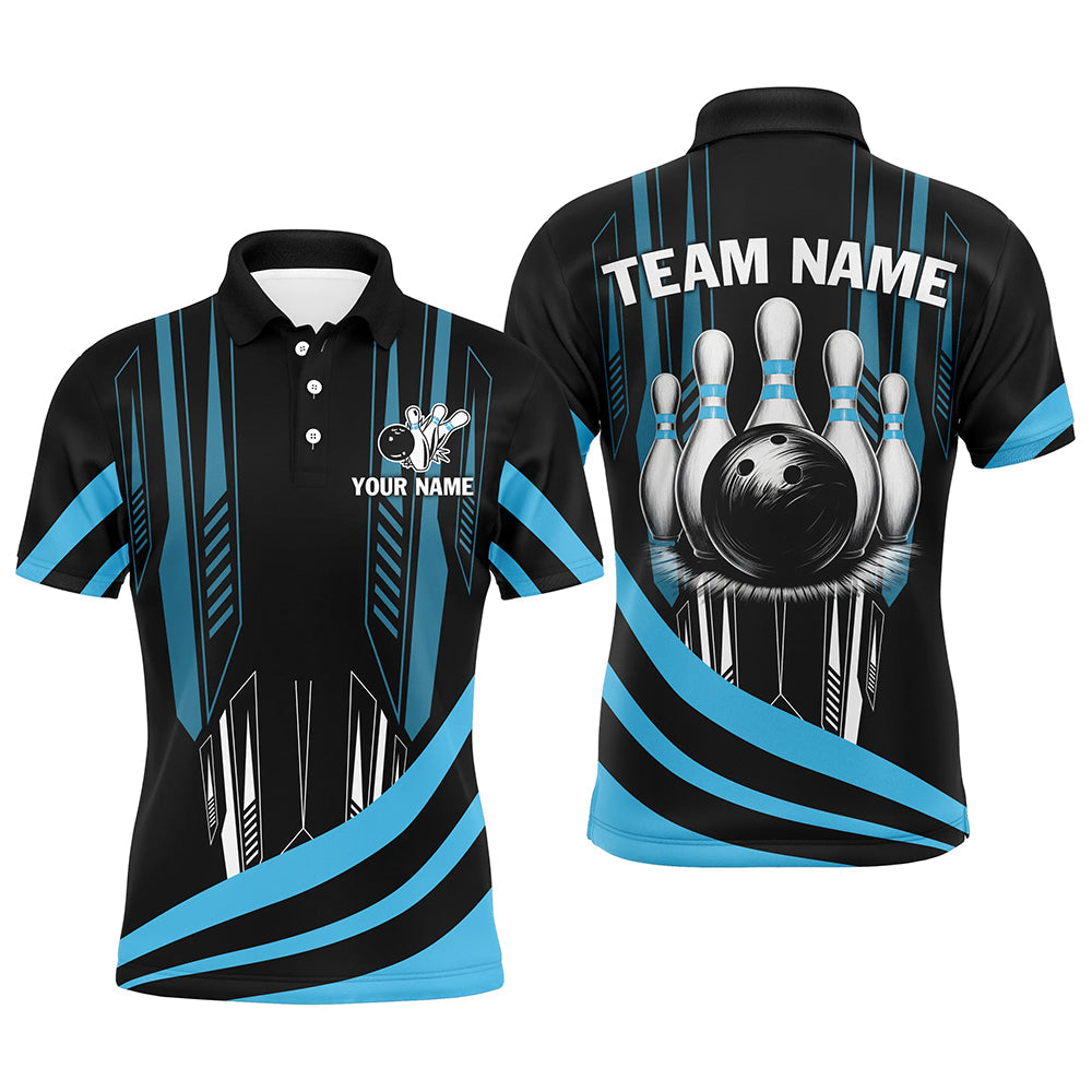 Black Mens Bowling polo, quarter zip shirt Custom Bowling Team League Jerseys, gift for Bowlers | Blue NQS7660