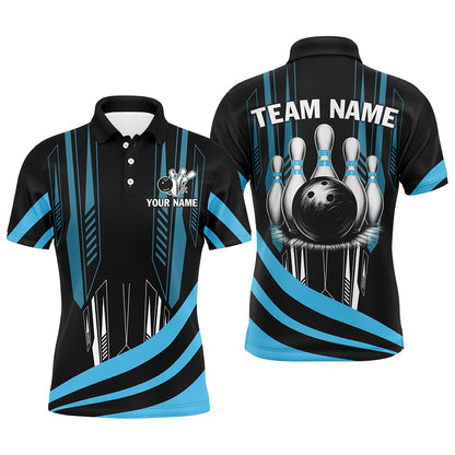 Black Mens Bowling polo, quarter zip shirt Custom Bowling Team League Jerseys, gift for Bowlers | Blue NQS7660