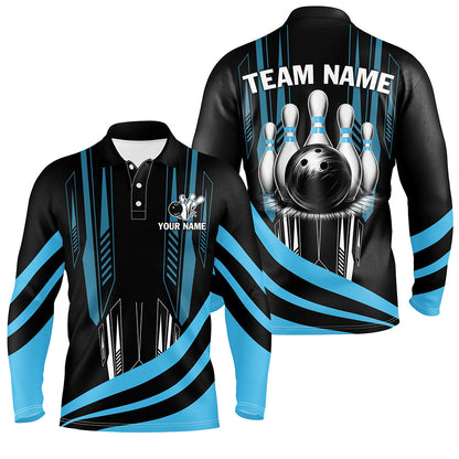 Black Mens Bowling polo, quarter zip shirt Custom Bowling Team League Jerseys, gift for Bowlers | Blue NQS7660