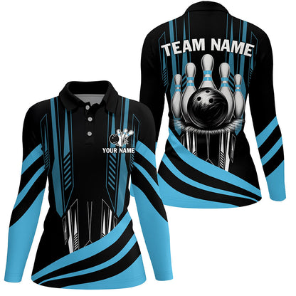 Black Women Bowling polo, quarter zip shirt Custom Bowling Team League Jerseys, gift for Bowler | Blue NQS7660