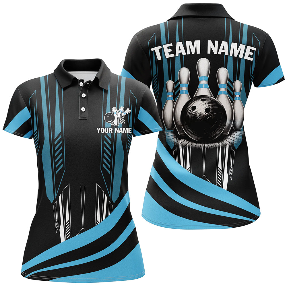 Black Women Bowling polo, quarter zip shirt Custom Bowling Team League Jerseys, gift for Bowler | Blue NQS7660