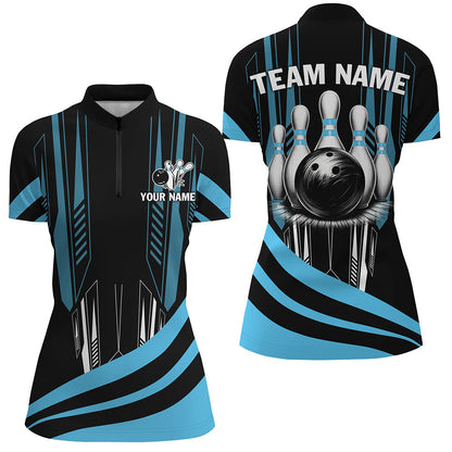 Black Women Bowling polo, quarter zip shirt Custom Bowling Team League Jerseys, gift for Bowler | Blue NQS7660