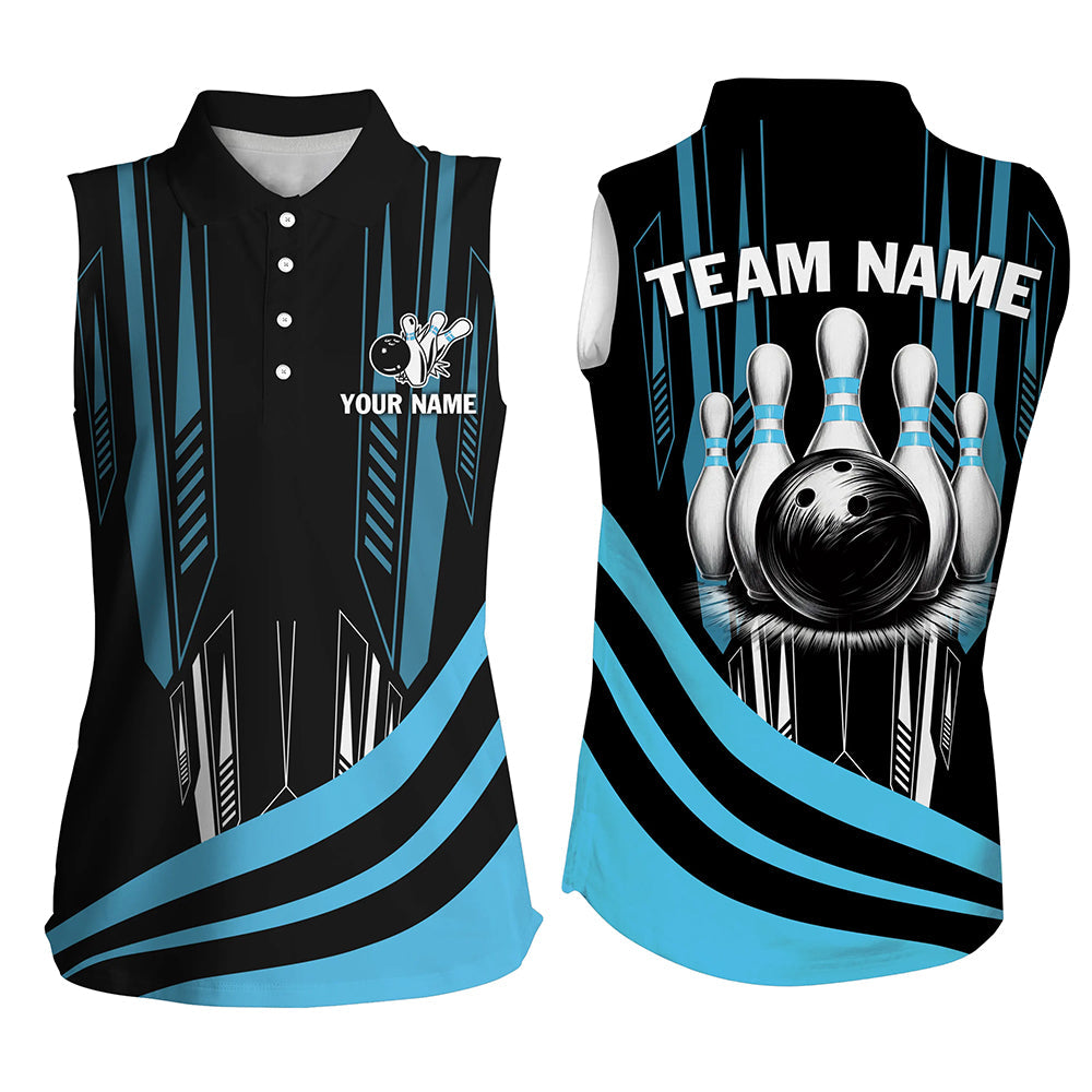 Black Women sleeveless polo shirts Custom Bowling Team League Jerseys, gift for Bowlers | Blue NQS7660