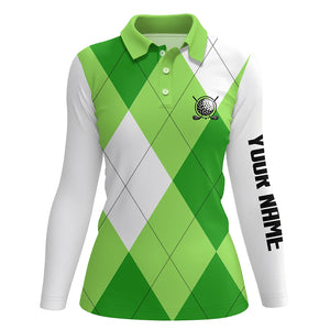 Womens golf polos shirts custom name green and white golf pattern, personalized golf gifts NQS5782