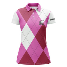 Load image into Gallery viewer, Womens golf polos shirts custom name pink and white golf pattern, personalized golf gifts NQS5783