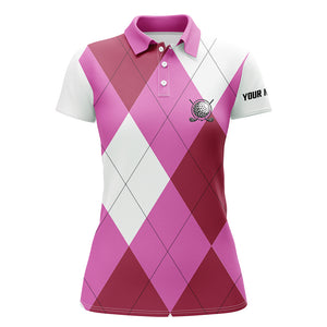 Womens golf polos shirts custom name pink and white golf pattern, personalized golf gifts NQS5783