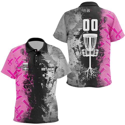 Custom name, number Disc Golf basket Kid golf polo shirts, pink ribbons Breast cancer disc golf tops NQS8307