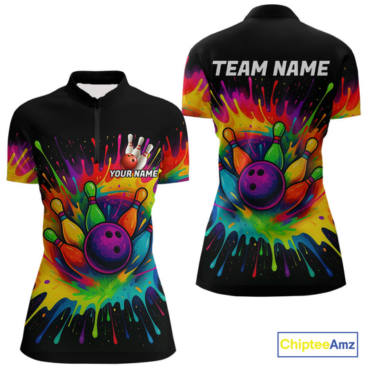 Colorful bowling jerseys Bowling Polo, 1/4 Zip Shirt for Women Custom Bowling Team shirts for bowlers NQS10696