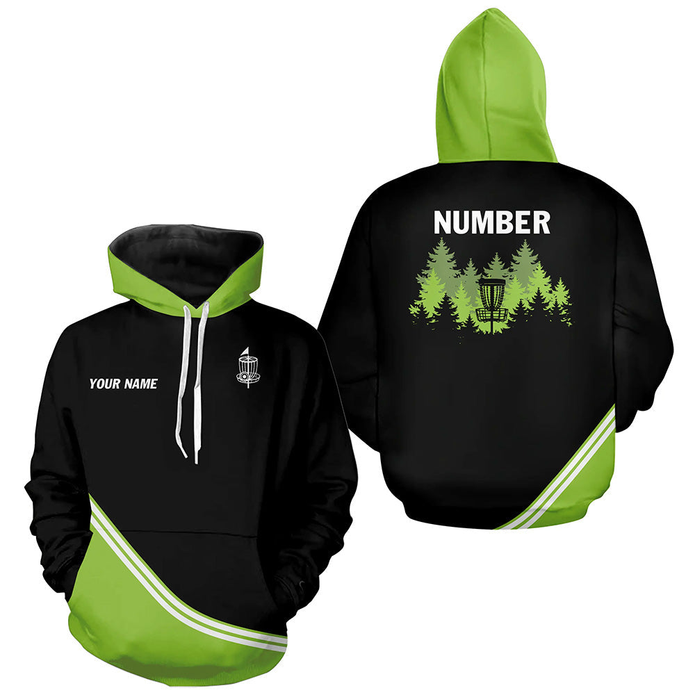 Black and Green disc golf basket in the forest custom Disc Golf Hoodies, frisbee golf hoodie NQS8752