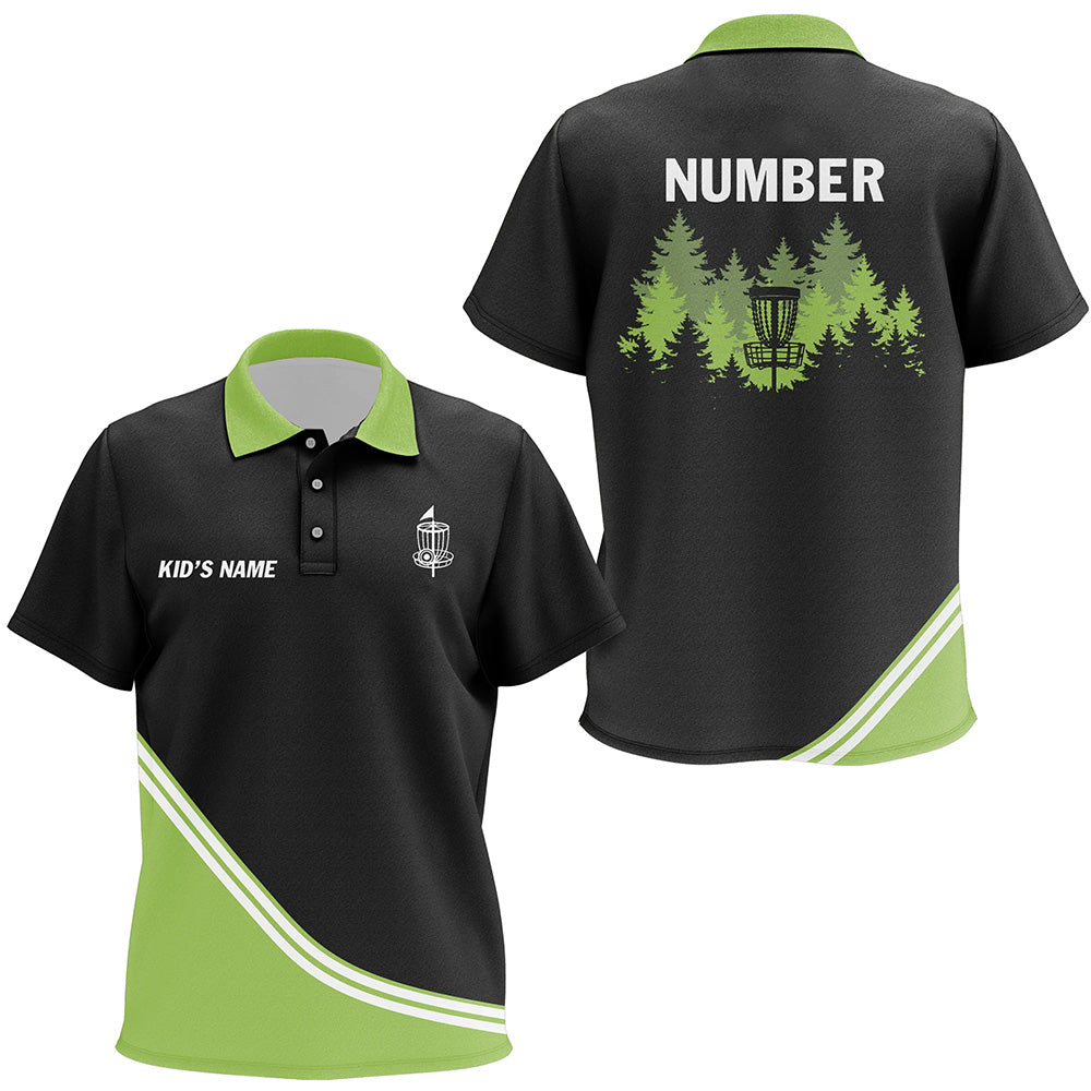 Black and Green disc golf basket in the forest custom Kid disc golf polo shirts, frisbee golf jersey NQS8752