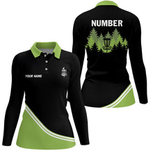 Load image into Gallery viewer, Black and Green disc golf basket in the forest custom Womens disc golf polo shirt, frisbee golf jersey NQS8752