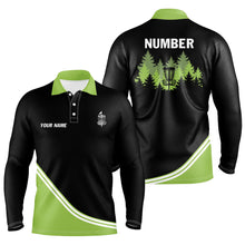 Load image into Gallery viewer, Black and Green disc golf basket in the forest custom Men disc golf polo shirt, frisbee golf jersey NQS8752