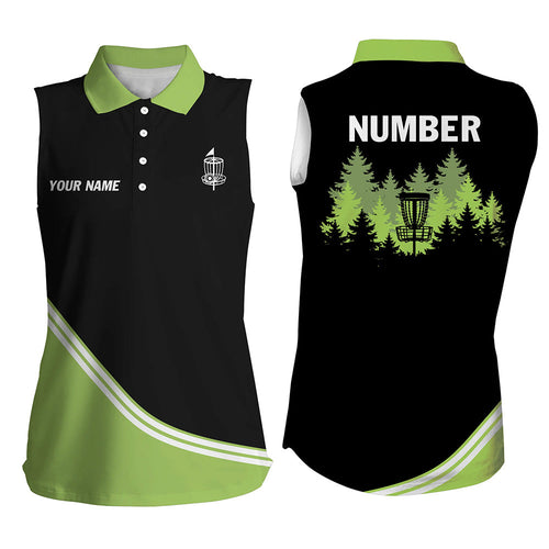 Black and Green disc golf basket in the forest custom Women sleeveless polo shirt, frisbee golf jersey NQS8752