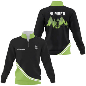 Black and Green disc golf basket in the forest custom Quarter zip sweatshirt, frisbee golf sweater NQS8752