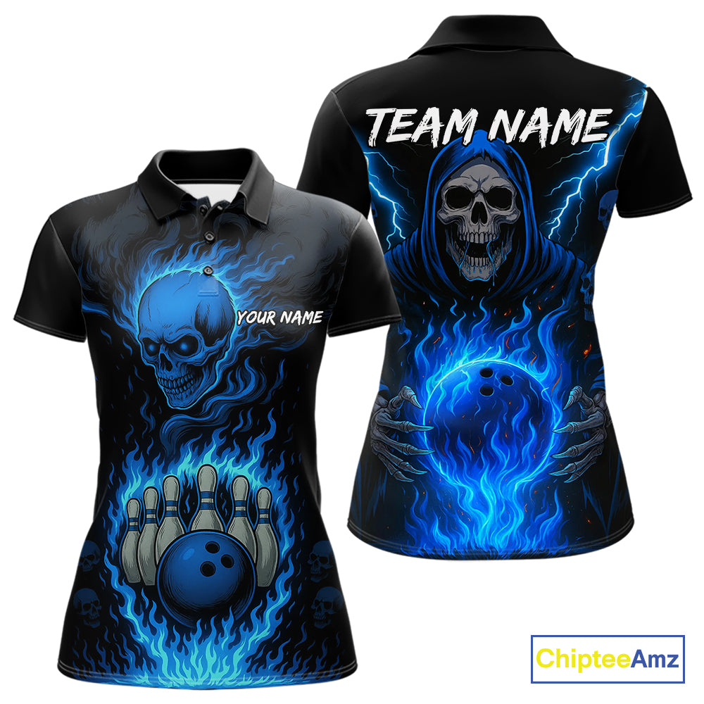 Blue Flame Lightning Thunder Skull Reaper Bowling Shirts for Women Custom Bowling Team League Jersey NQS10908