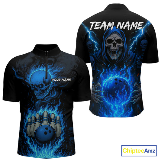 Blue Flame Lightning Thunder Skull Reaper Bowling Shirts for Men Custom Bowling Team League Jersey NQS10908