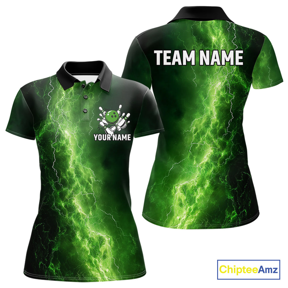 Women's Bowling Shirts Custom Green Lightning Thunder Bowling Team Jersey, gift for team Bowlers NQS10910
