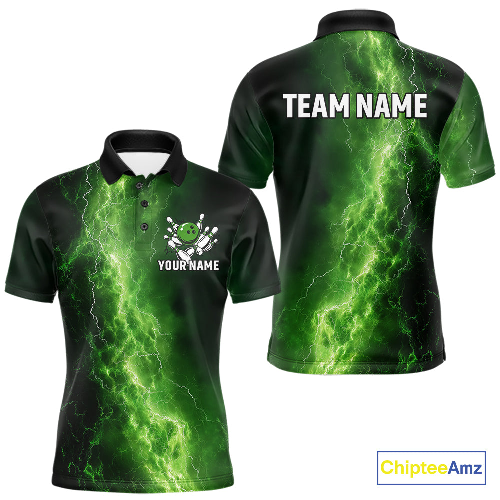 Men's Bowling Shirts Custom Green Lightning Thunder Bowling Team Jersey, gift for team Bowlers NQS10910