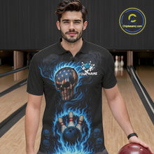 Load image into Gallery viewer, Custom Black and Blue Flame American Flag Skull Bowling Shirts for Men, Bowling Team League Jersey NQS10913