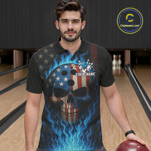 Load image into Gallery viewer, Personalized Blue Flame American Flag Skull Patriotic Bowling Polo, Quarter Zip Shirts for Men NQS10914