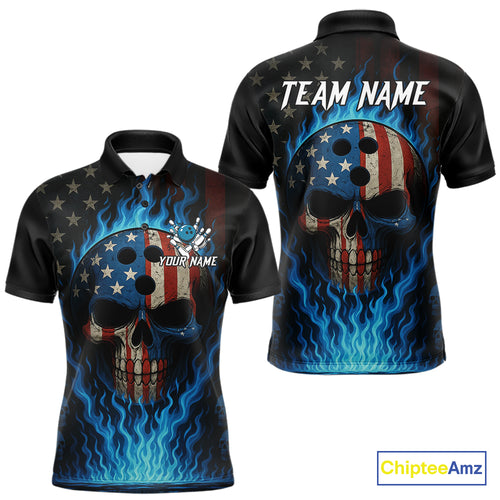 Personalized Blue Flame American Flag Skull Patriotic Bowling Polo, Quarter Zip Shirts for Men NQS10914