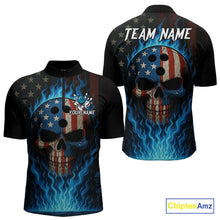 Load image into Gallery viewer, Personalized Blue Flame American Flag Skull Patriotic Bowling Polo, Quarter Zip Shirts for Men NQS10914