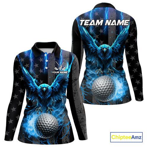 Black American flag Women golf polo shirt Custom blue lightning thunder Eagle patriotic team Golf top NQS11093