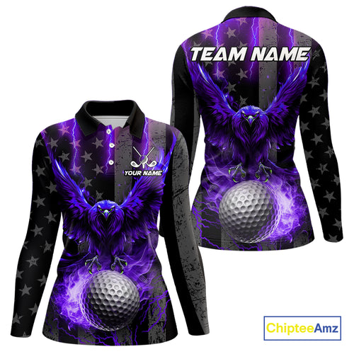 Black American flag Women golf polo shirt Custom purple lightning thunder Eagle patriotic Golf top NQS11094