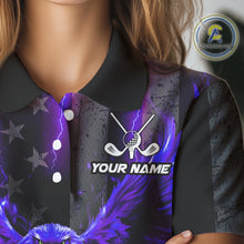 Load image into Gallery viewer, Black American flag Women golf polo shirt Custom purple lightning thunder Eagle patriotic Golf top NQS11094